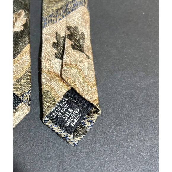 Barrington Silk Necktie Zig Zag Oak Leaf Pattern Brown Green Gold Vintage Silk - Picture 3 of 4
